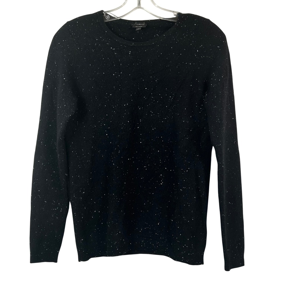 Talbots Pure Cashmere Sweater Womens XS Black White Flecked Crew Neck Knit Top